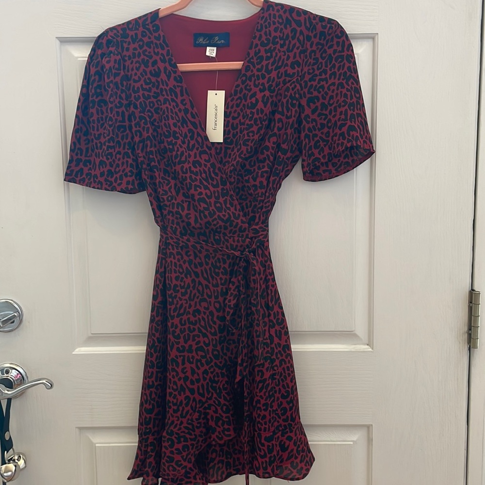 Francesca’s red/black leopard print wrap dress NWT